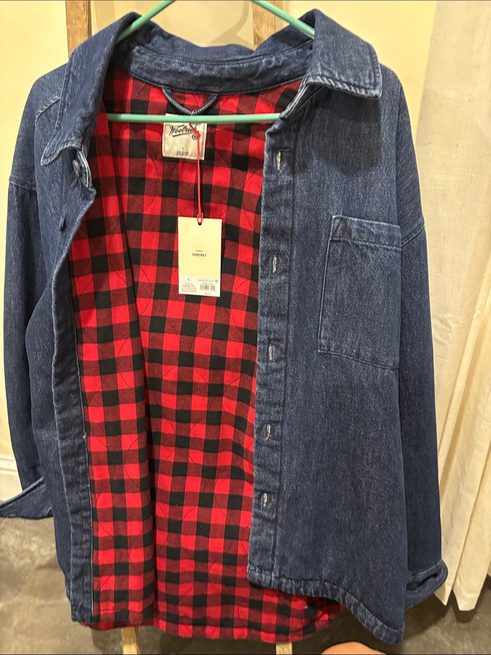 Woolrich Blue Denim Shirt Jacket with Red & Black Buffalo Plaid Lining